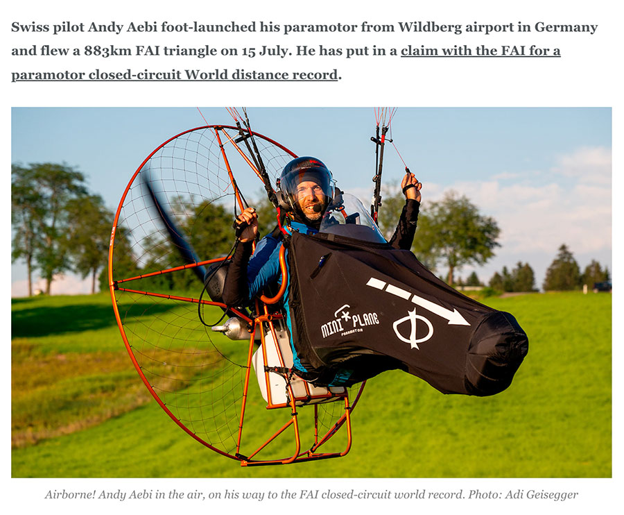 Andi Aebi Flies Paramotor World Record on the Miniplane LR